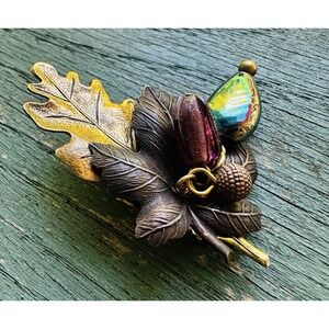 Vintage Cara Stimmel Signed Brooch Pin Jewelry Autumn Fall Oak Leaf Brown Brass